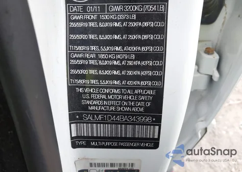 2011 Land Rover Range Rover Hse из США, поврежденный, VIN SALMF1D44BA343998